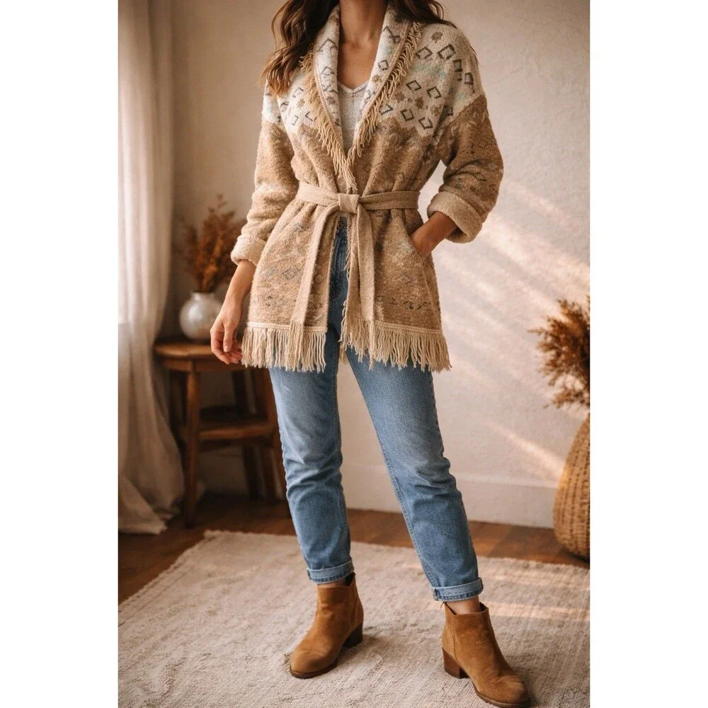 LUCKY BRAND Beige Fair Isle Print Open Front Tie Cardigan Sweater Womens size M - Picture 2 of 13